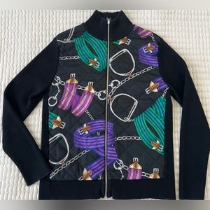 Ralph Lauren Womens Equestrian Zip Sweater Quilted Front Black Horse Size XL~L